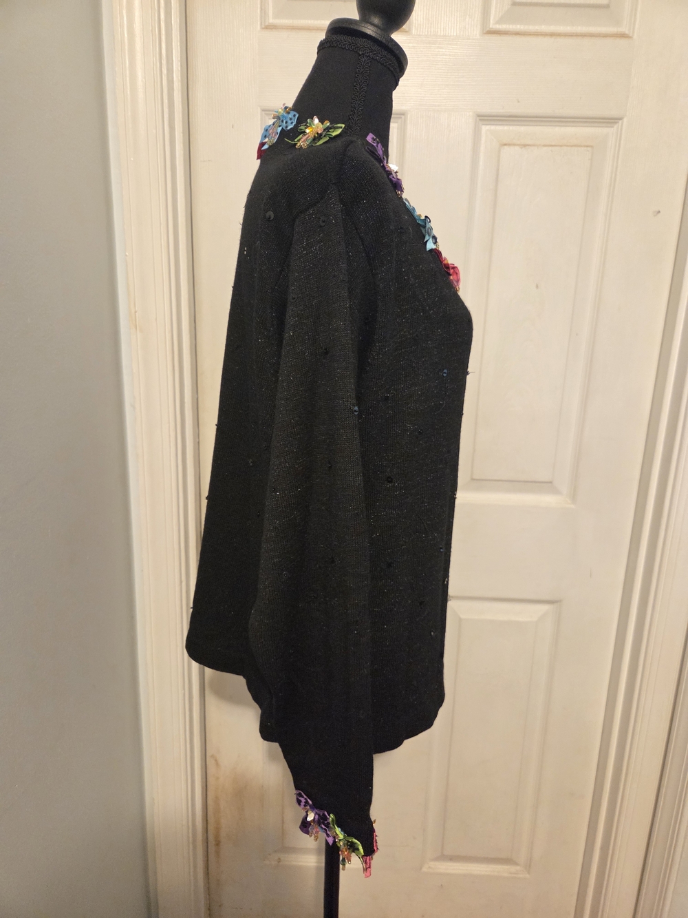 Black Crew Neck Sweater with Colorful Bow Accents - Picture 3 of 6